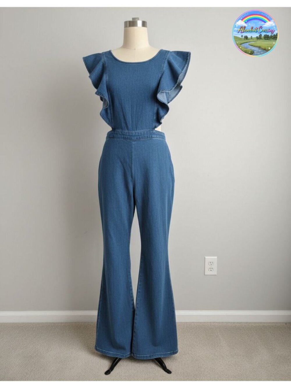 Flared Denim Jumpsuit Ruffle Sleeve Cutout Back Stretch Jean Romper